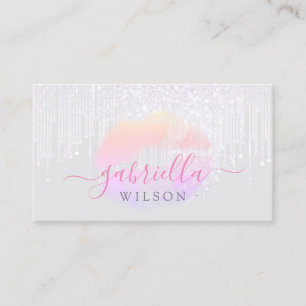 Makeup Artist Faux Dripping Glitter Pink Lips Gray Business Card