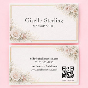 Makeup Artist Floral Neutral QR Code Professional Business Card