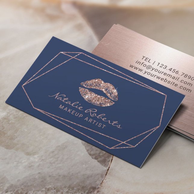 Makeup Artist Geometric Rose Gold Lips Navy Blue Business Card (Creator Uploaded)
