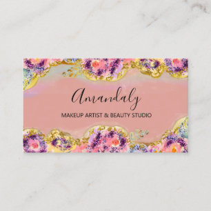 Makeup Artist Glitter Gold Cosmetics Floral Business Card