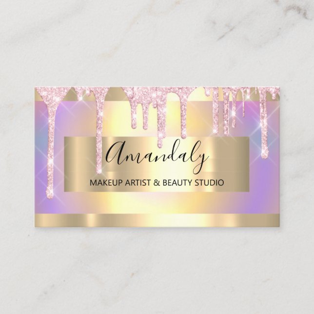 Makeup Artist Glitter Gold Framed Drips Holograph Business Card (Front)