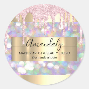 Makeup Artist Glitter Gold Framed Pink Classic Round Sticker