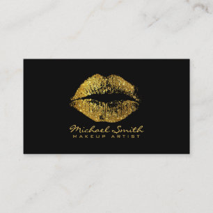 Makeup Artist Glitter Gold Lips Modern Black Business Card