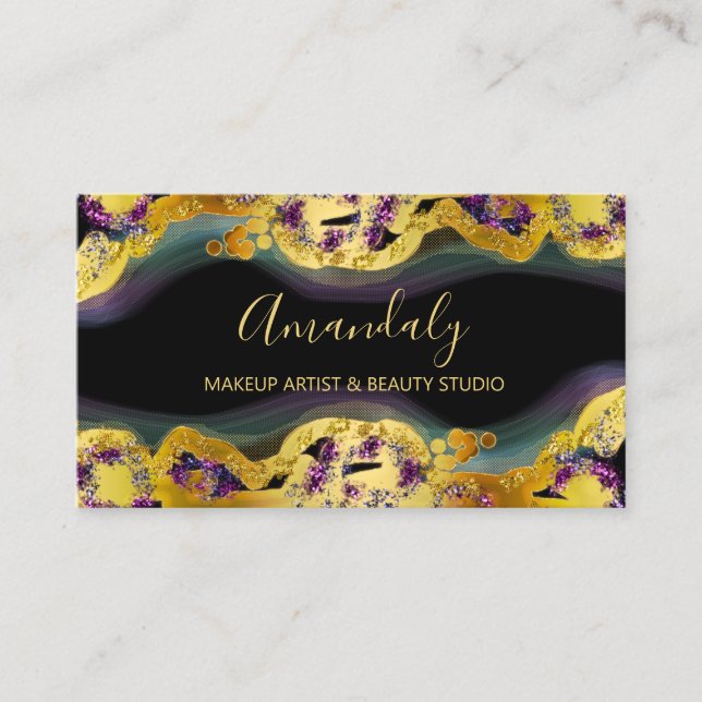 Makeup Artist Glitter Gold Purple Abstract Black Business Card (Front)