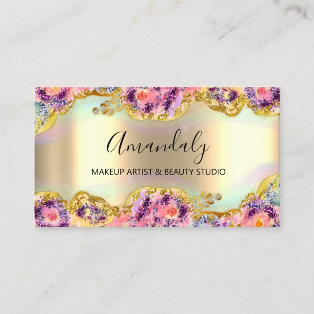 Makeup Artist Glitter Gold Wreath Floral Business Card (Front)