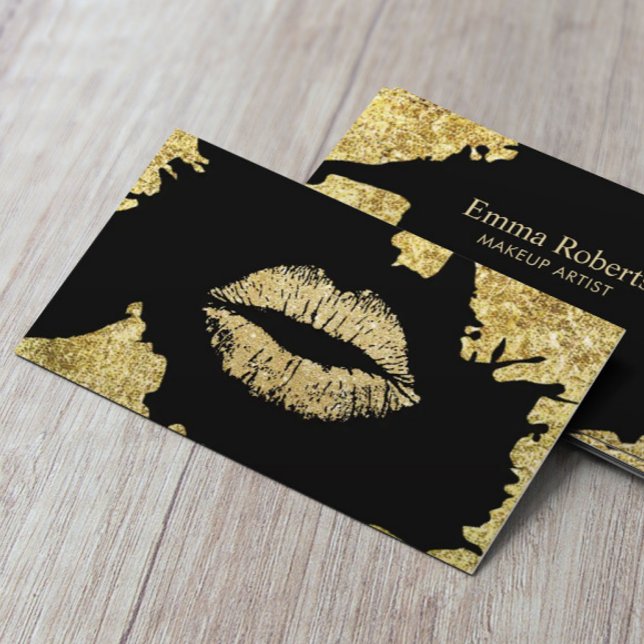 Makeup Artist Glitter Lips Trendy Black & Gold Business Card (Creator Uploaded)