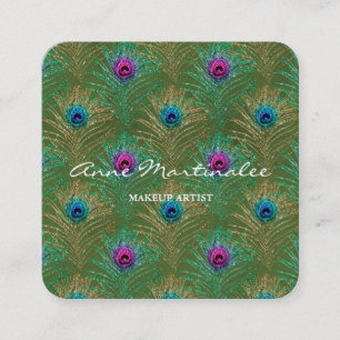 Makeup Artist Glitter Peacock Feathers Green Square Business Card