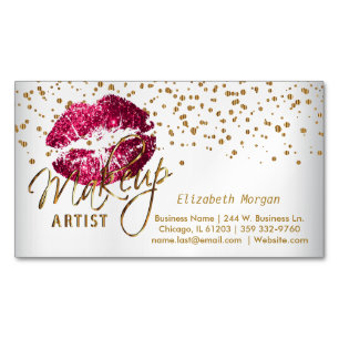 Makeup Artist - Gold Confetti and Hot Pink Lips Magnetic Business Card
