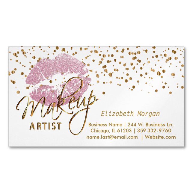 Makeup Artist - Gold Confetti and  Pink Lips 2 Magnetic Business Card (Front)