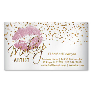 Makeup Artist - Gold Confetti and Pink Lips Magnetic Business Card
