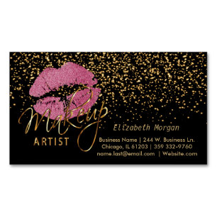 Makeup Artist - Gold Confetti & Pretty Pink Lips Magnetic Business Card