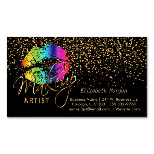 Makeup Artist - Gold Confetti & Rainbow Lips Magnetic Business Card