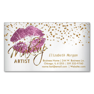 Makeup Artist - Gold Confetti & So Pink Lips Magnetic Business Card
