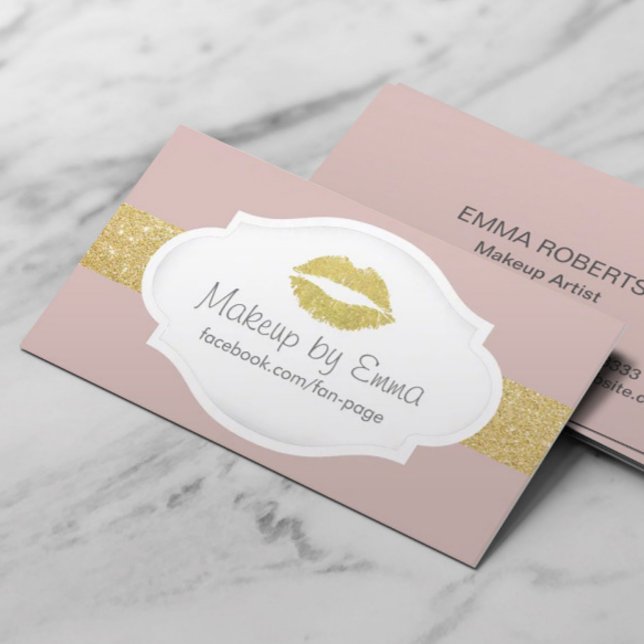 Makeup Artist Gold Glitter Lips Elegant Dusty Pink Business Card (Creator Uploaded)