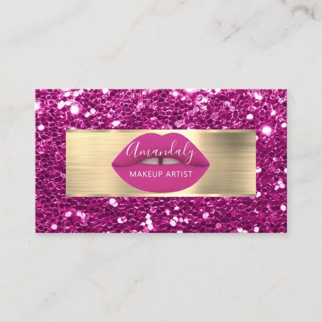 Makeup Artist Gold Glitter QR Code Logo Pink Lip B Business Card (Front)