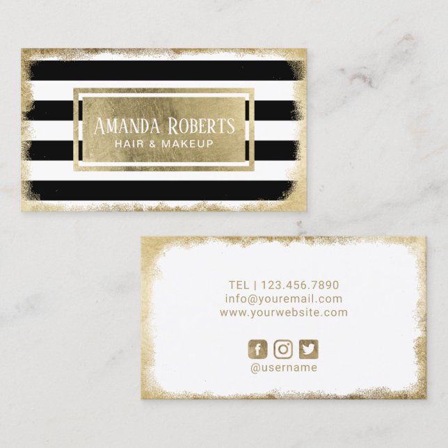 Makeup Artist Gold Label Modern Stripes Salon Business Card (Front/Back)