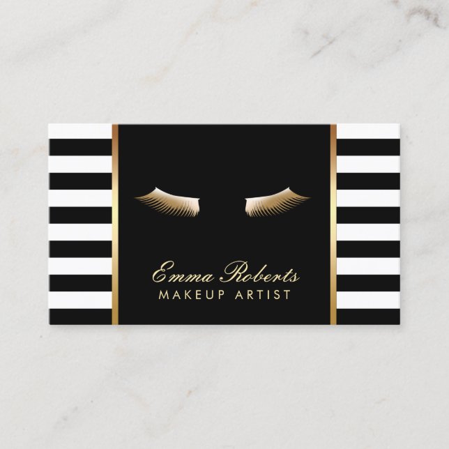 Makeup Artist Gold Lashes Modern Stripes Business Card (Front)