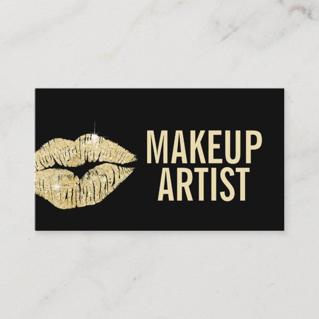 Makeup Artist Gold Lips Black & Gold Business Card (Front)