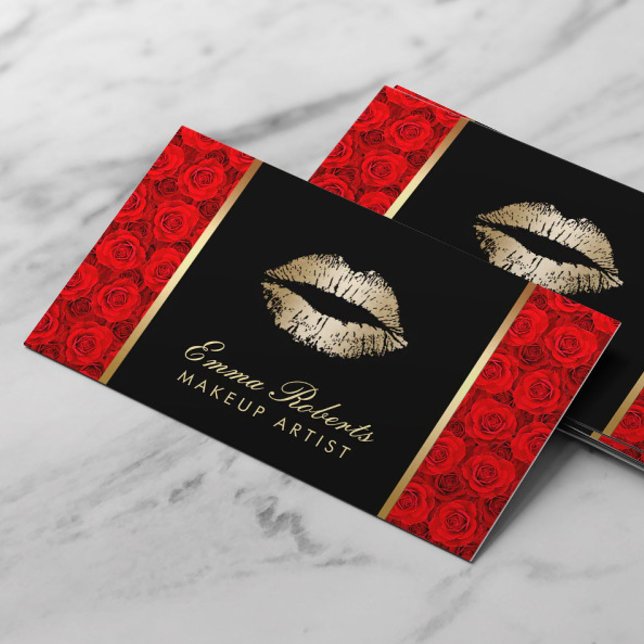 Makeup Artist Gold Lips Elegant Red Roses Business Card (Creator Uploaded)