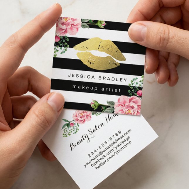 Makeup Artist Gold Lips Floral Black White Stripes Square Business Card (Creator Uploaded)