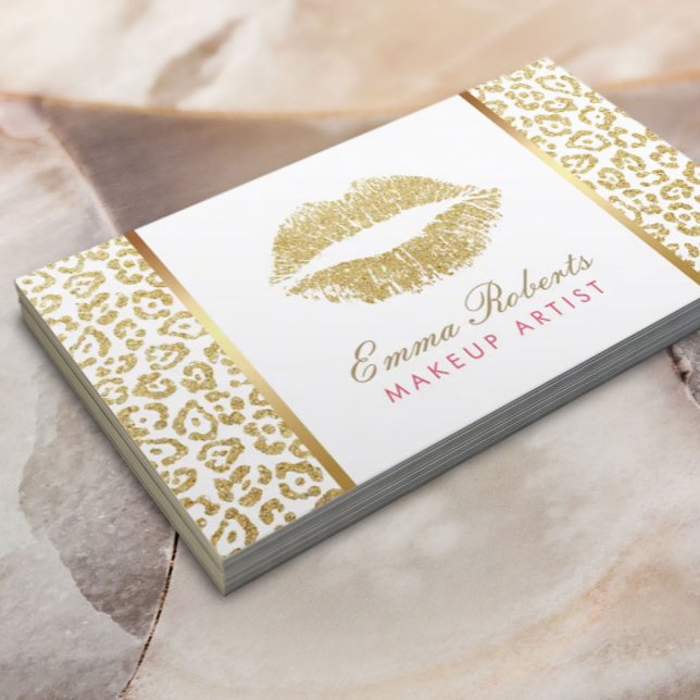 Makeup Artist Gold Lips Luxury Leopard Print Business Card (Creator Uploaded)