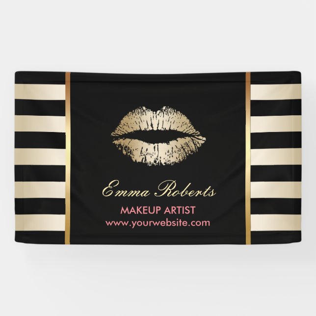 Makeup Artist Gold Lips Modern Black & Gold Banner (Horizontal)