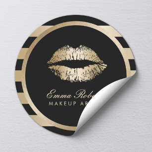 Makeup Artist Gold Lips Modern Black Gold Stripes Classic Round Sticker