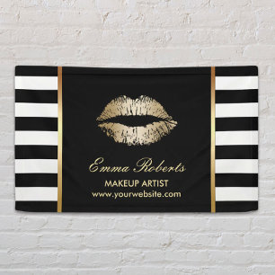 Makeup Artist Gold Lips Modern Black White Stripes Banner