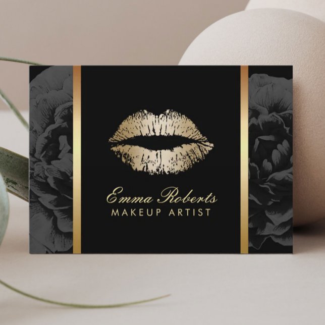 Makeup Artist Gold Lips Modern Dark Floral Salon Business Card (Creator Uploaded)