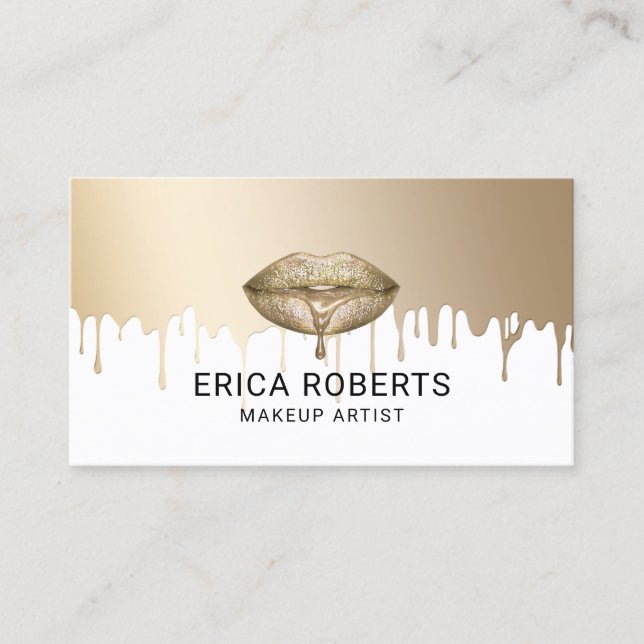 Makeup Artist Gold Lips Modern Dripping Business Card (Front)