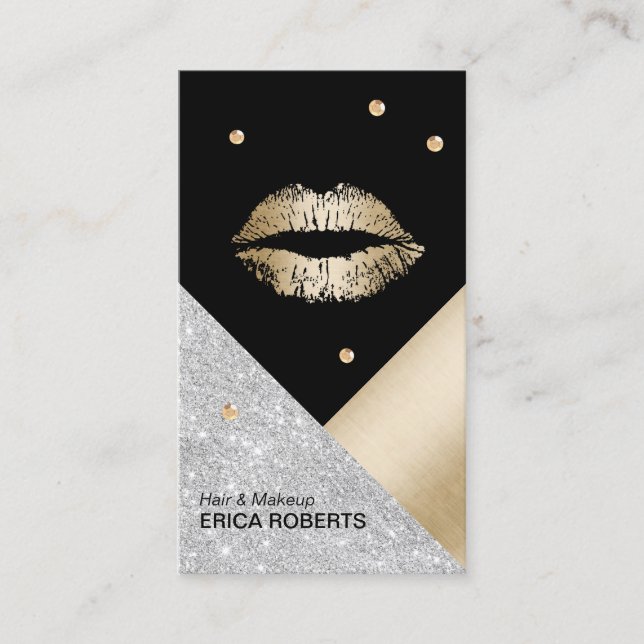 Makeup Artist Gold Lips Modern Geometric Salon Business Card (Front)