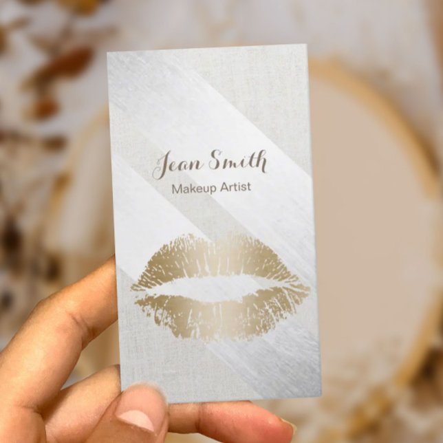 Makeup Artist Gold Lips Modern Geometric Silver Business Card (Creator Uploaded)