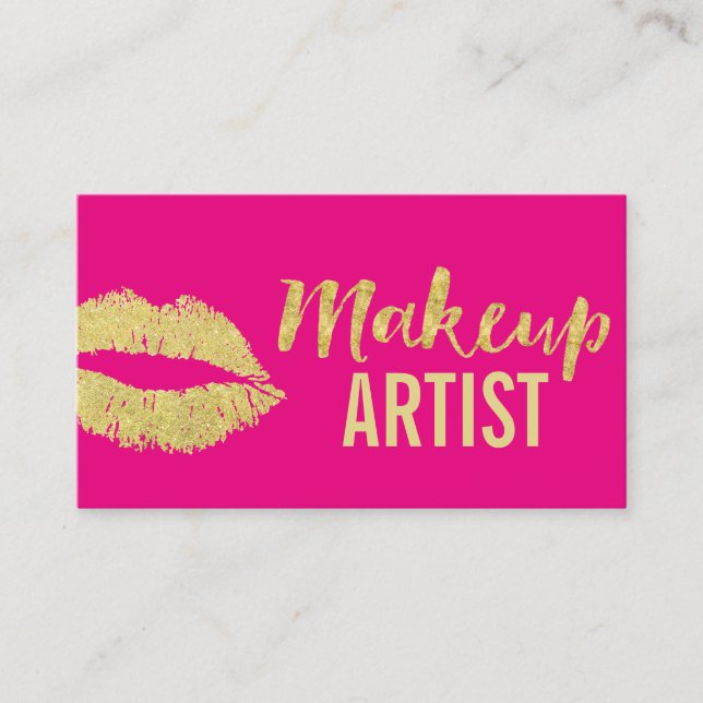 Makeup Artist Gold Lips Modern Hot Pink Business Card (Front)