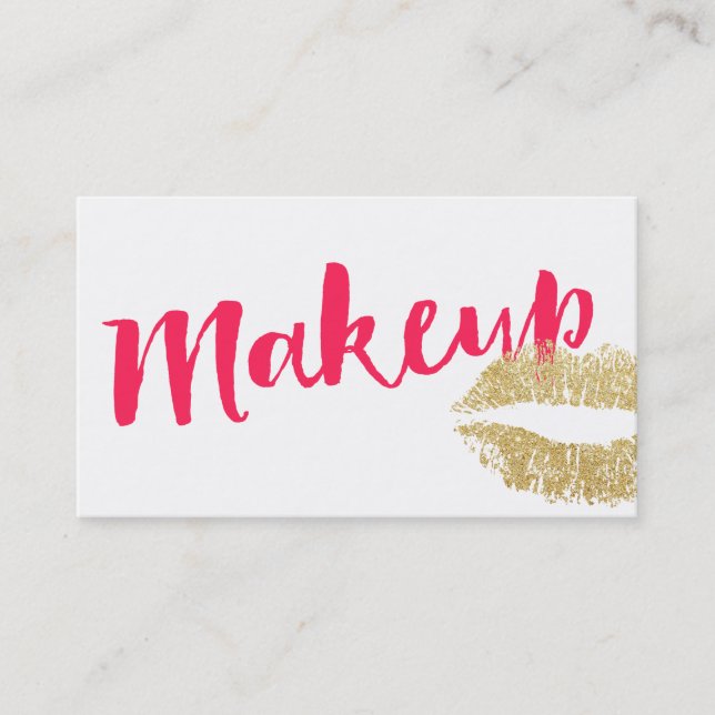Makeup Artist Gold Lips Modern Red Script Plain Business Card (Front)