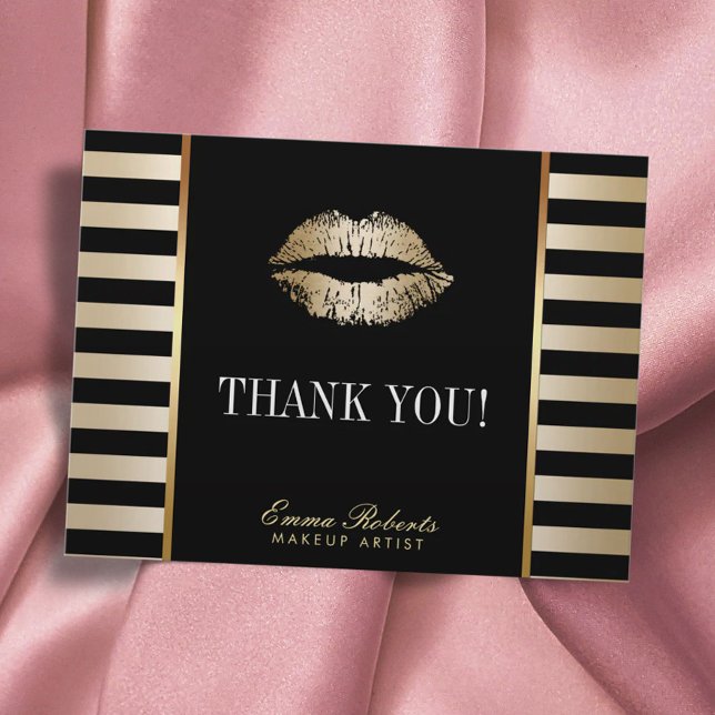 Makeup Artist Gold Lips Modern Stripes Thank You Postcard (Creator Uploaded)