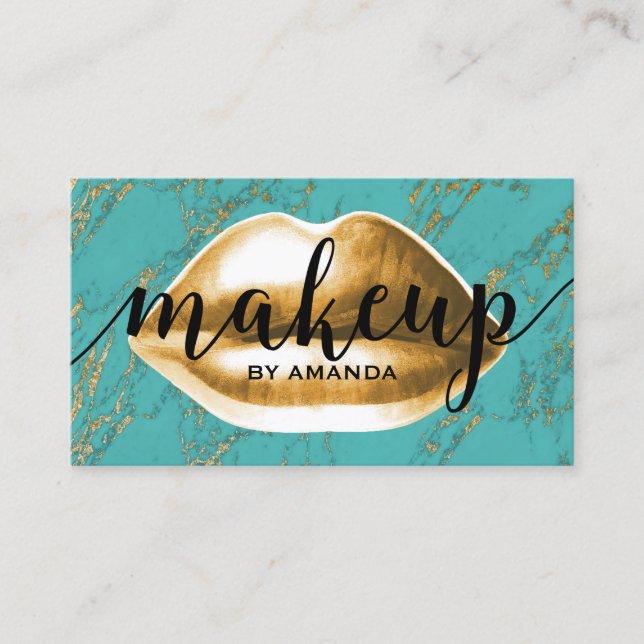 Makeup Artist Gold Lips Modern Turquoise Marble Business Card (Front)