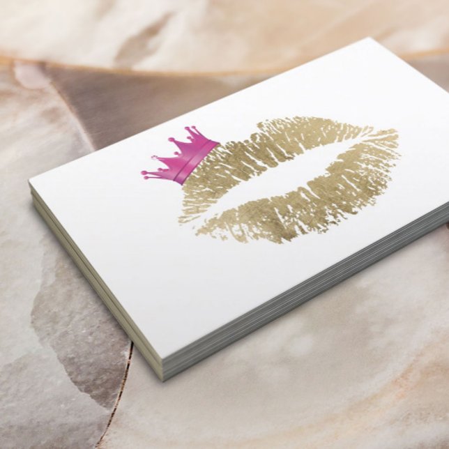 Makeup Artist Gold Lips Pink Crown Beauty Salon Business Card (Creator Uploaded)