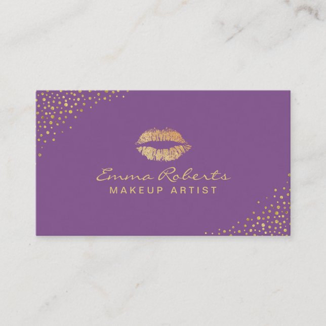 Makeup Artist Gold Lips Salon Modern Purple Business Card (Front)
