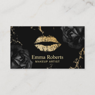 Makeup Artist Gold Lips Salon Trendy Black Floral Business Card
