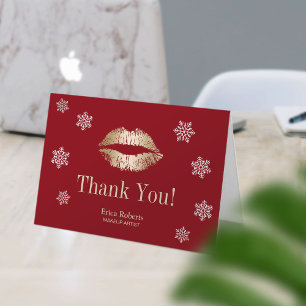 Makeup Artist Gold Lips Snowflakes Red Holiday Thank You Card