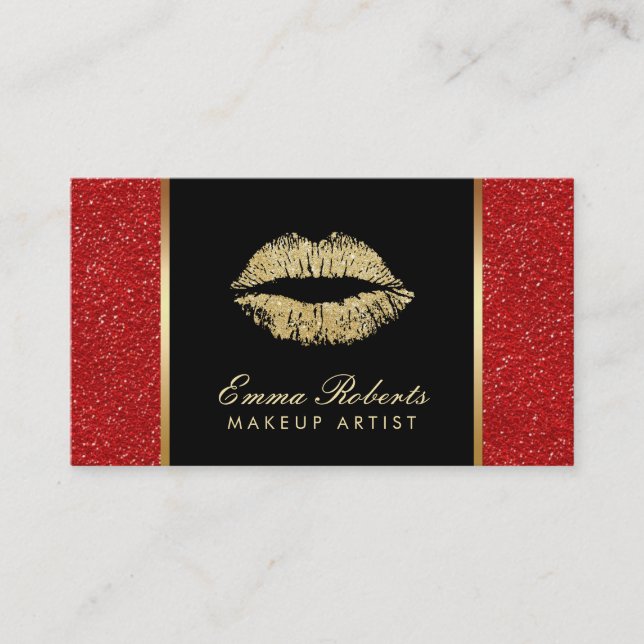 Makeup Artist Gold Lips Trendy Red Glitter Salon Business Card (Front)