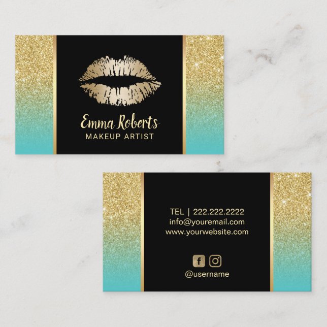 Makeup Artist Gold Lips Turquoise Gold Glitter Business Card (Front/Back)