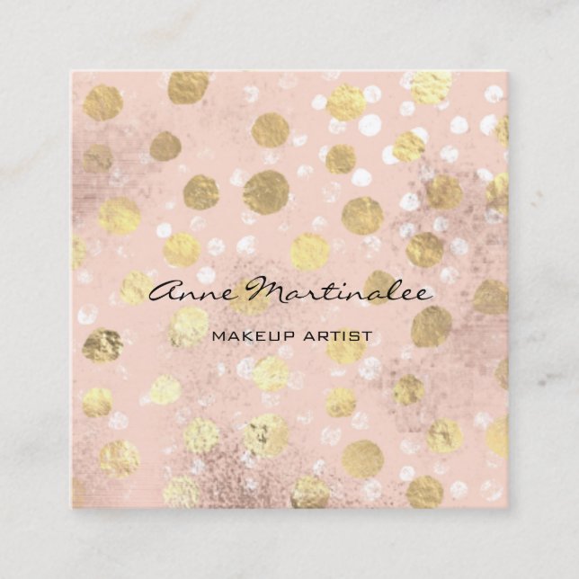 Makeup Artist Gold Polka Dots Brushed Metal Glam Square Business Card (Front)