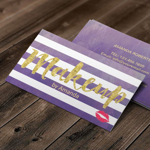 Makeup Artist Gold Script Classy Purple Stripes Business Card