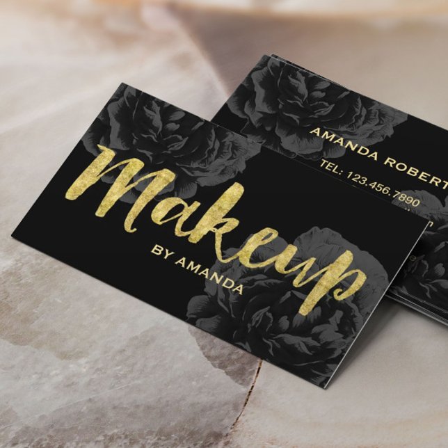 Makeup Artist Gold Script Elegant Black Floral Business Card (Creator Uploaded)