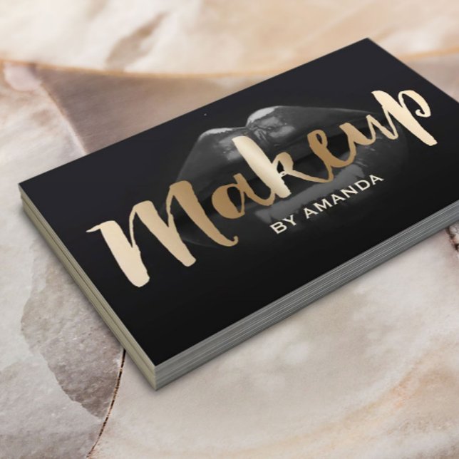 Makeup Artist Gold Script Modern Dark Lips Business Card (Creator Uploaded)