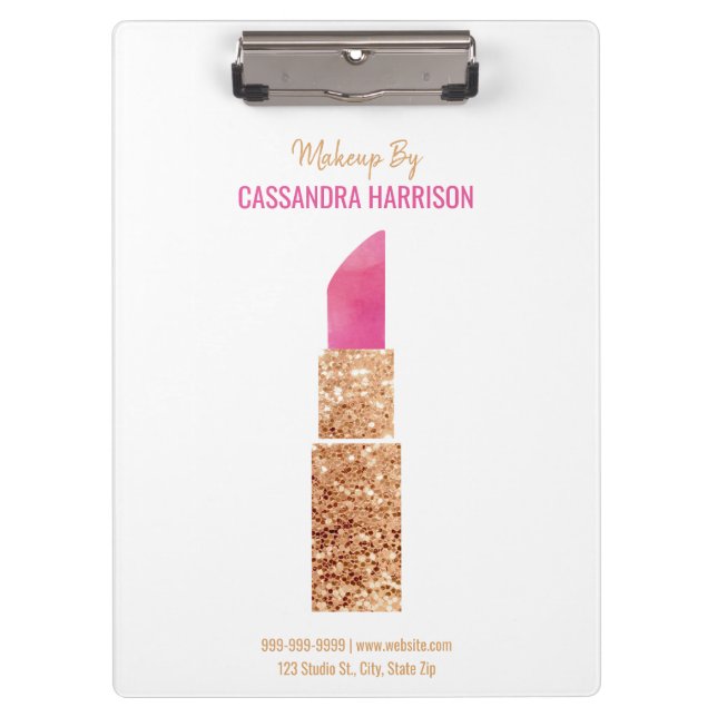 Makeup Artist Gold Sequin Watercolor Beauty Clipboard (Front)