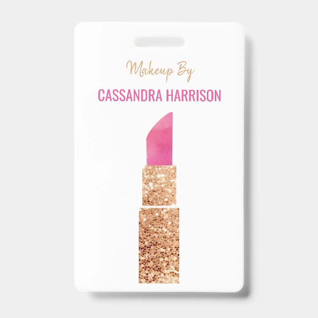 Makeup Artist Gold Sequin Watercolor Beauty Salon ID Badge (Front)