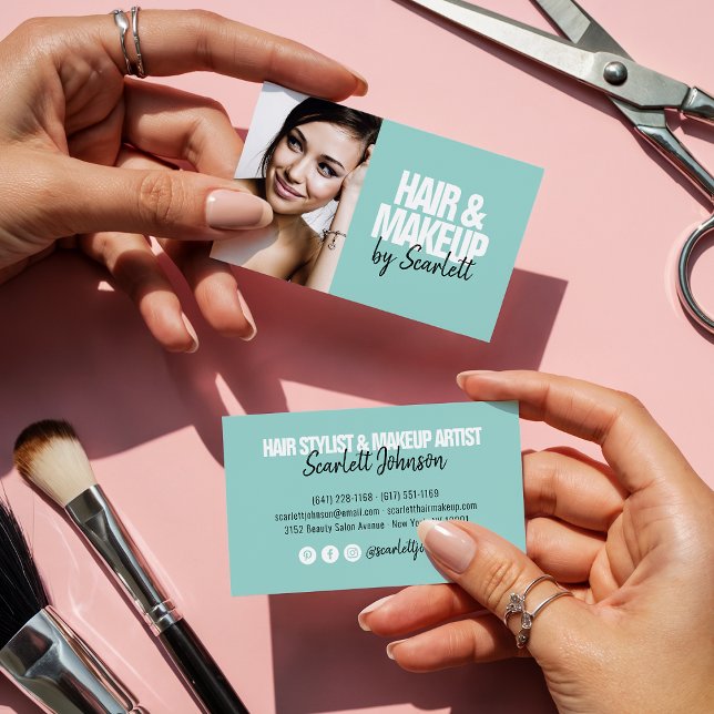 Makeup artist hair photo bold script mint blue business card (Makeup artist hair photo bold script mint blue)