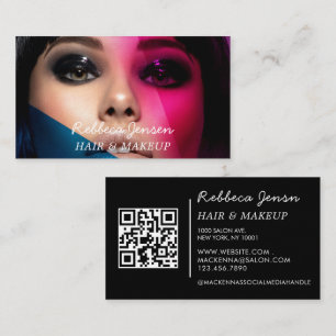Makeup artist hair photo bold script Pink blue QR  Business Card